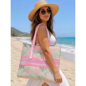 Twig & Arrow NWT Beach Tote Vacation Tropical Floral Canvas Shoulder Bag Pink